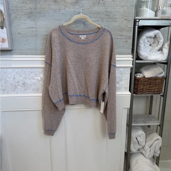 NWT new large Anthropologie pilcro Alani whipstitch cropped cashmere sweater tan - Picture 3 of 17